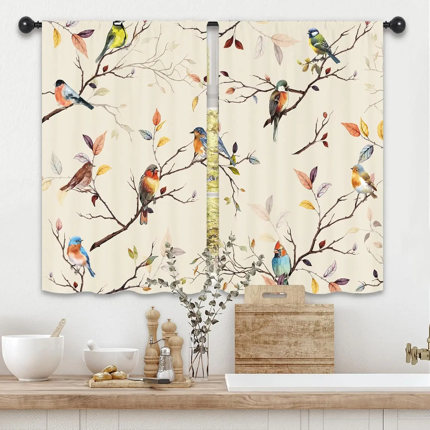 Aesthetic Watercolor Bird Pattern Curtain Pair Botanical Woodland Nature Print Drapes 2pcs Living Room Home Decor Window