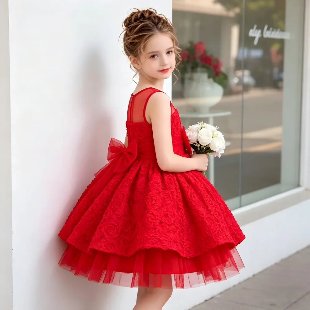 2026 New Kids Clothes Girls' 3D Flower Tulle Dress Sleeveless Bow Belt Flower Girl Wedding Party Birthday Gown Kids For 2-10Y