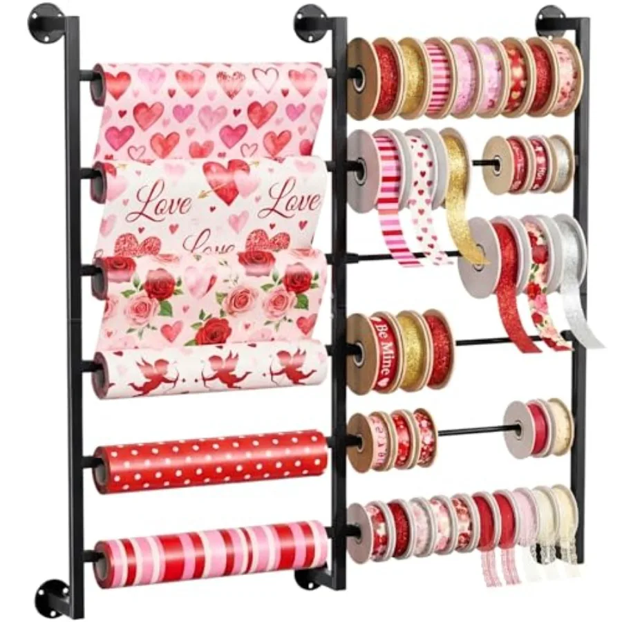 

Double 6-Tier Ribbon Storage Organizer Large Capacity Wall Mount Ribbon Organizer with 12 Removable Rods Gift Bag Yarn Storage