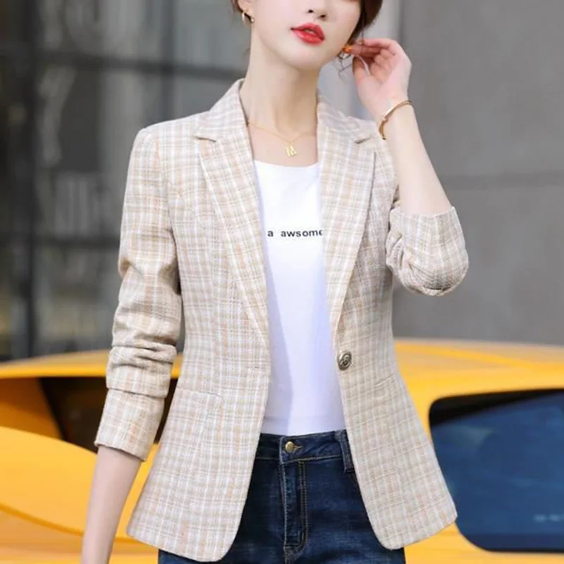 Fashion Loose Button Spliced Pockets Lattice Blazer Women\'s Clothing 2023 Autumn New Oversized Casual Tops Office Lady Blazers