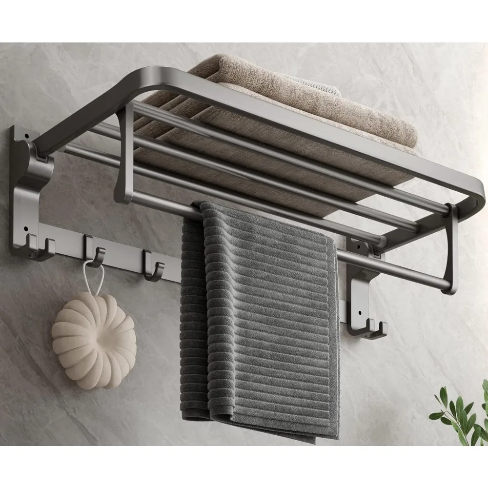

Bathroom Towel Rack with Towel Bar and Hooks 23.6 in Foldable Shelf Wall Mounted Lavatory Towel Organizer Modern Gray Fini