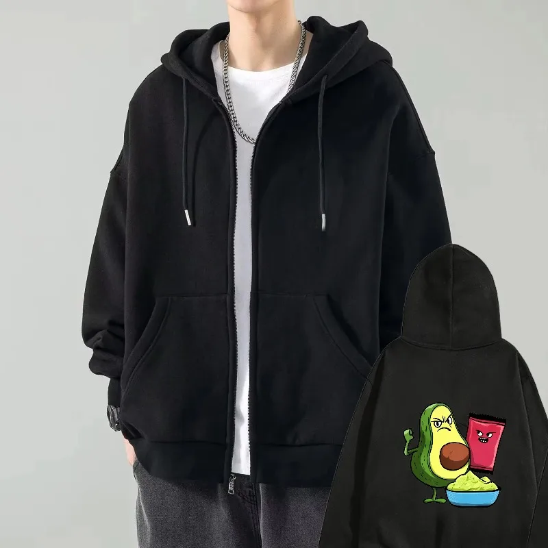 

Men's Hooded Jacket Black Avocado Cartoon Print Casual Streetwear Sweatshirt for Daily Wear and Outdoor Activities