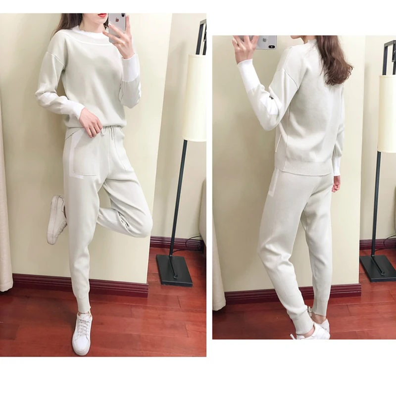 

2024 Autumn 2 Pieces Set Knitted Long Sleeve Pullovers Sweater Casual Patchwork Fashion Women Tops and Pants Suits Spring