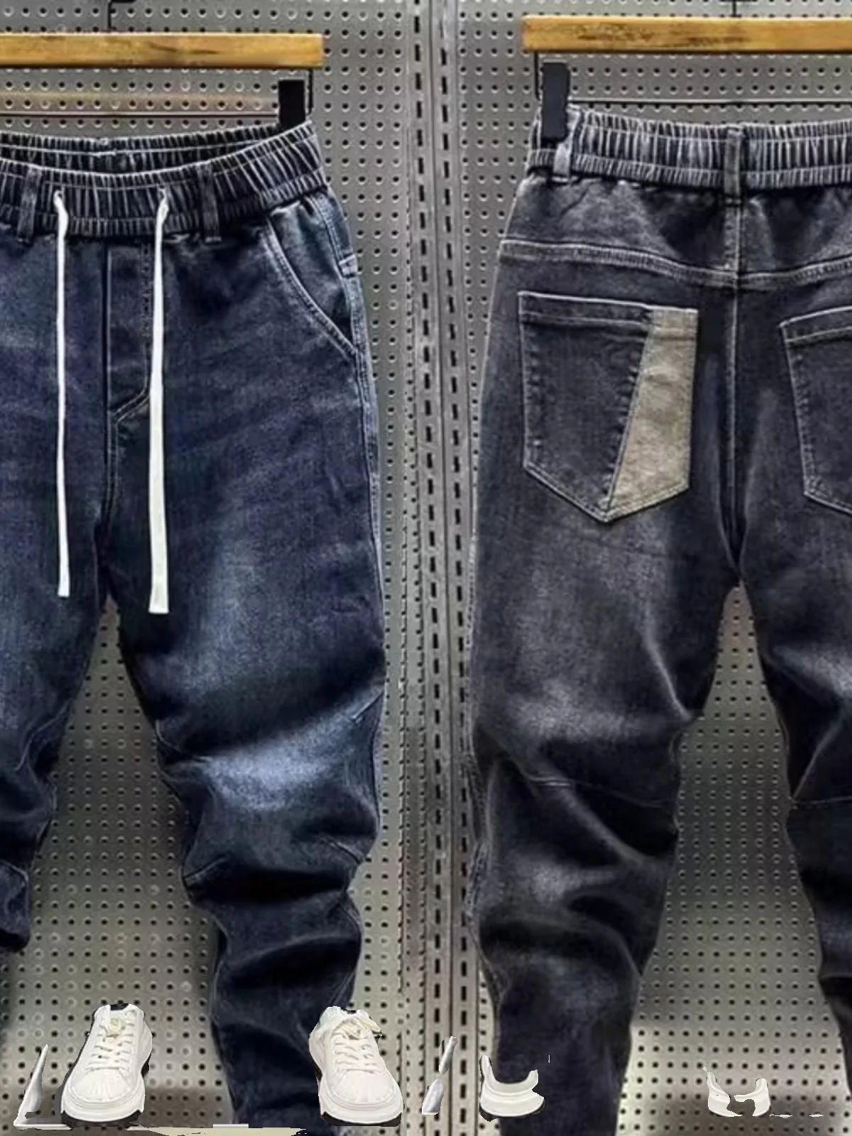 

Весенне-осенние мужские джинсовые брюки больших размеров 300 Pou с эластичной талией, свободные, зауженные, укороченные, модные, брендовые