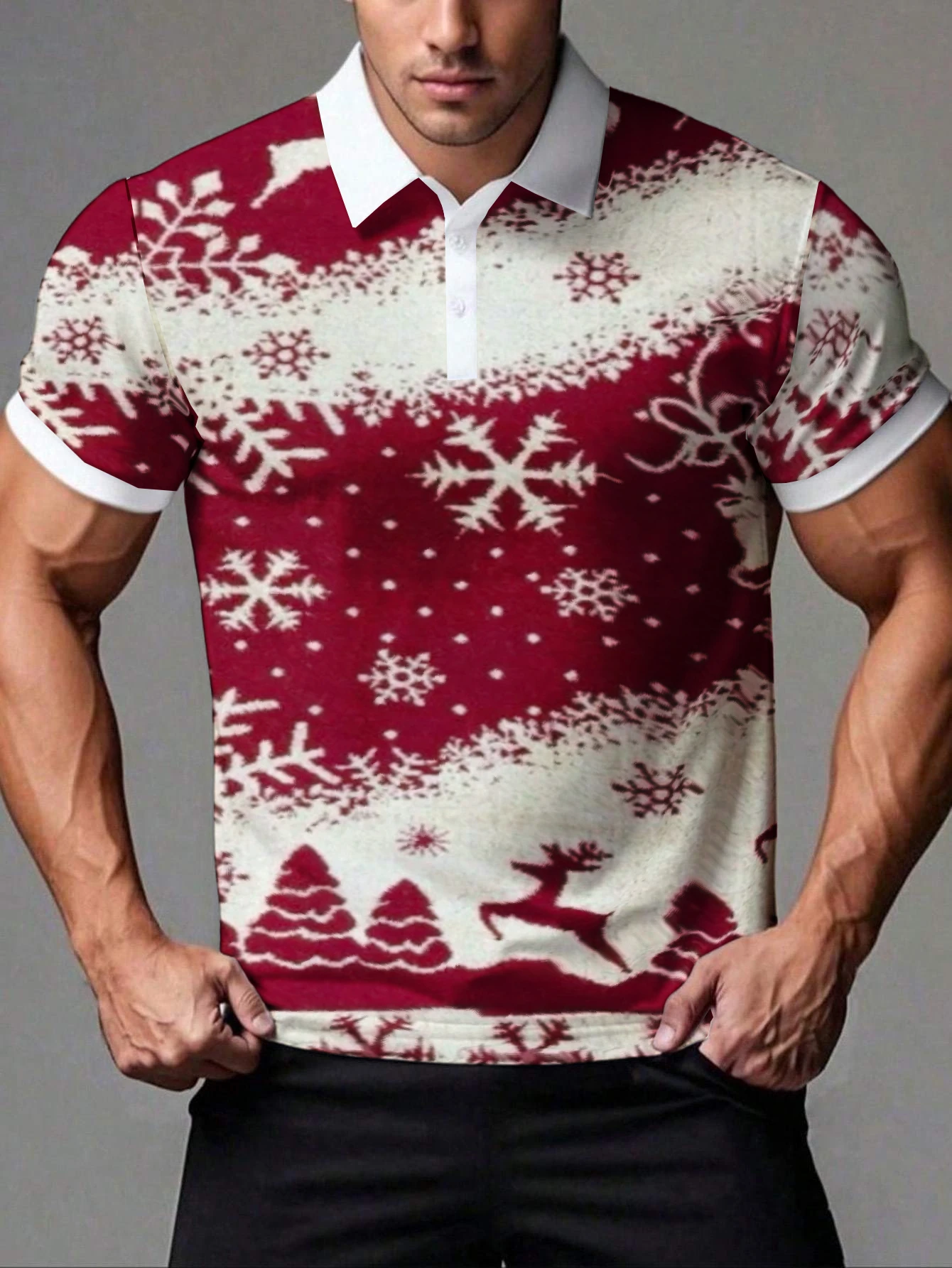 Men Christmas Floral Snowflake Reindeer Print Polo Shirts,Men Short Sleeve Turn‑down Collar Casual Pullover Tops For Summer