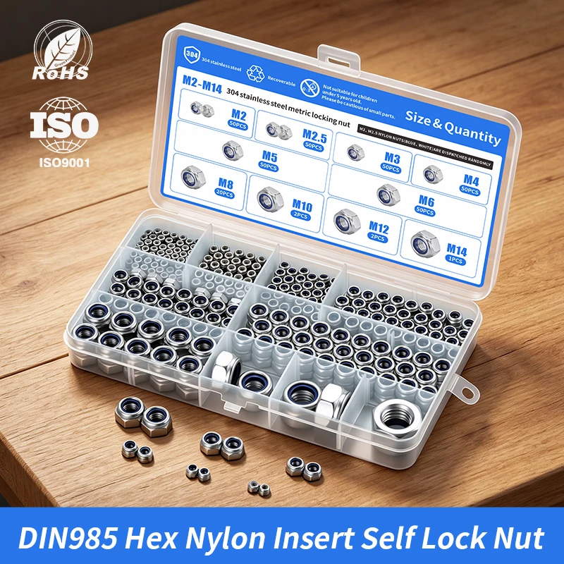 

304 Stainless Steel DIN985 Nylon Lock Nut Set M2-M14 Hex Self-locking Insert Locknuts Assortment Box Kit Anti-loose Fastener