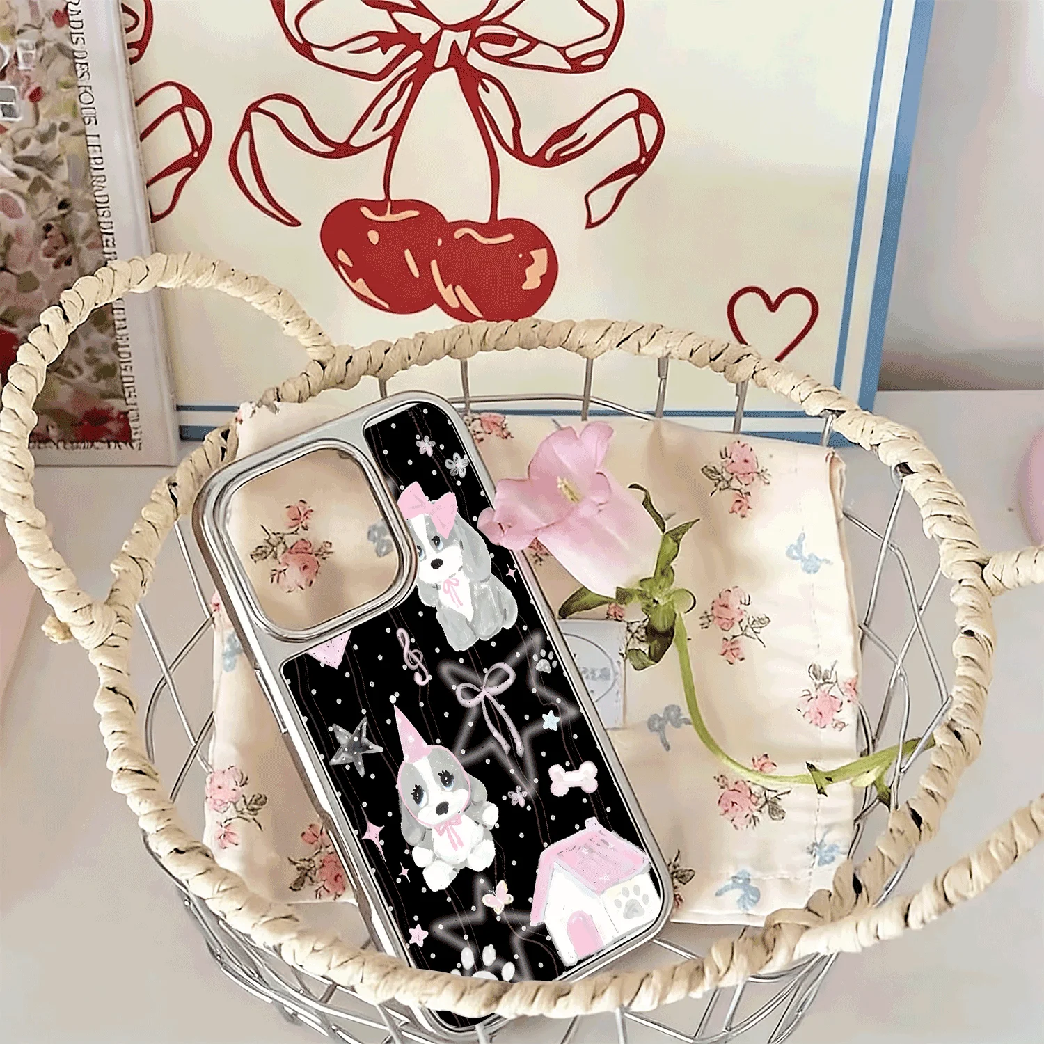 

Luxury Silver Cover for iPhone 17 Air 16 15 Pro Max 14 Plus 13 12 11 16E Luxury Korean Matte Love Puppy Bumper Camera Protection