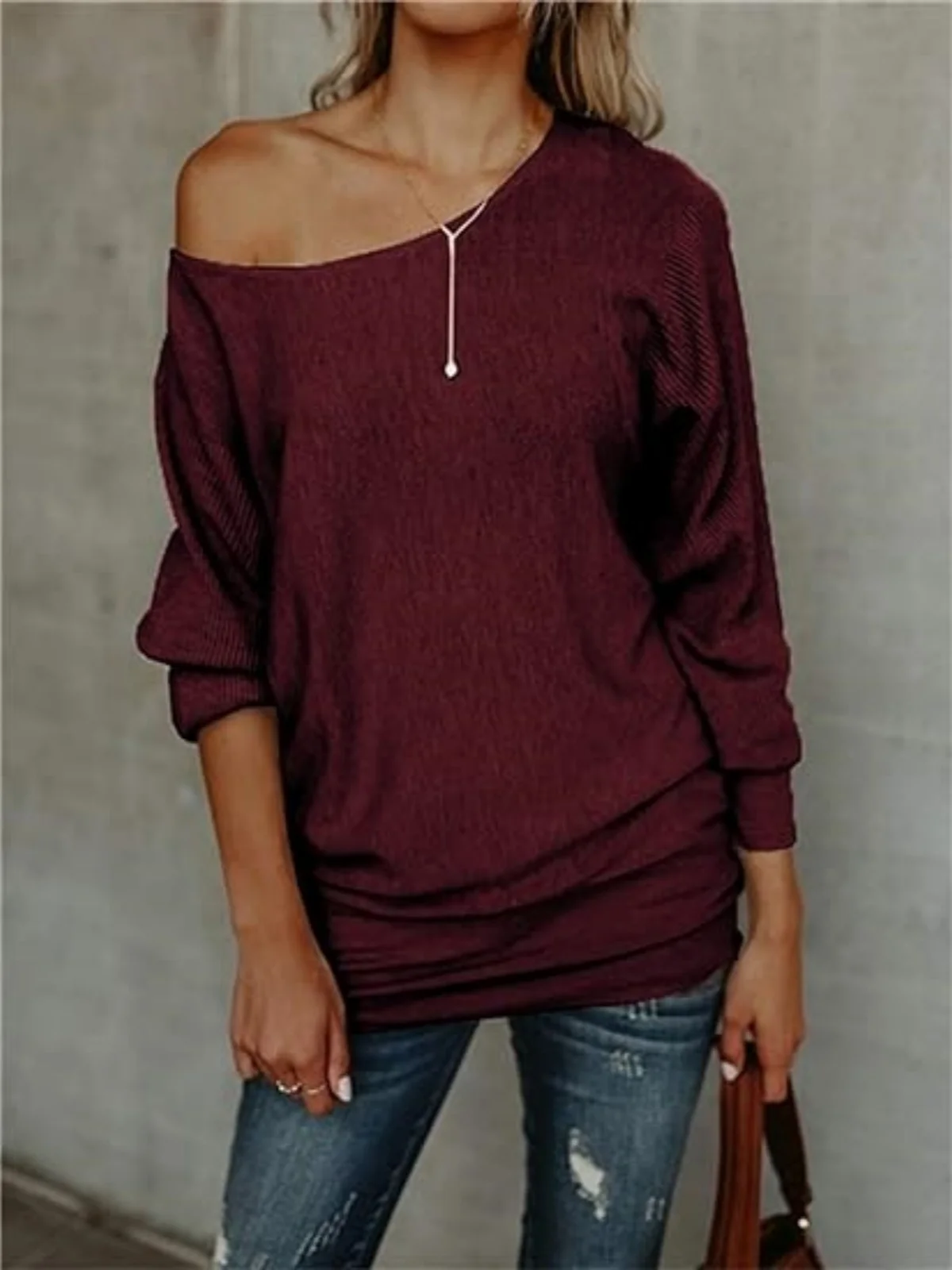 Off Shoulder Sweater Women Long Sleeve Slash Neck Oversized Knitted Sweaters Solid Color Casual Loose Fit Long Pullover Tops