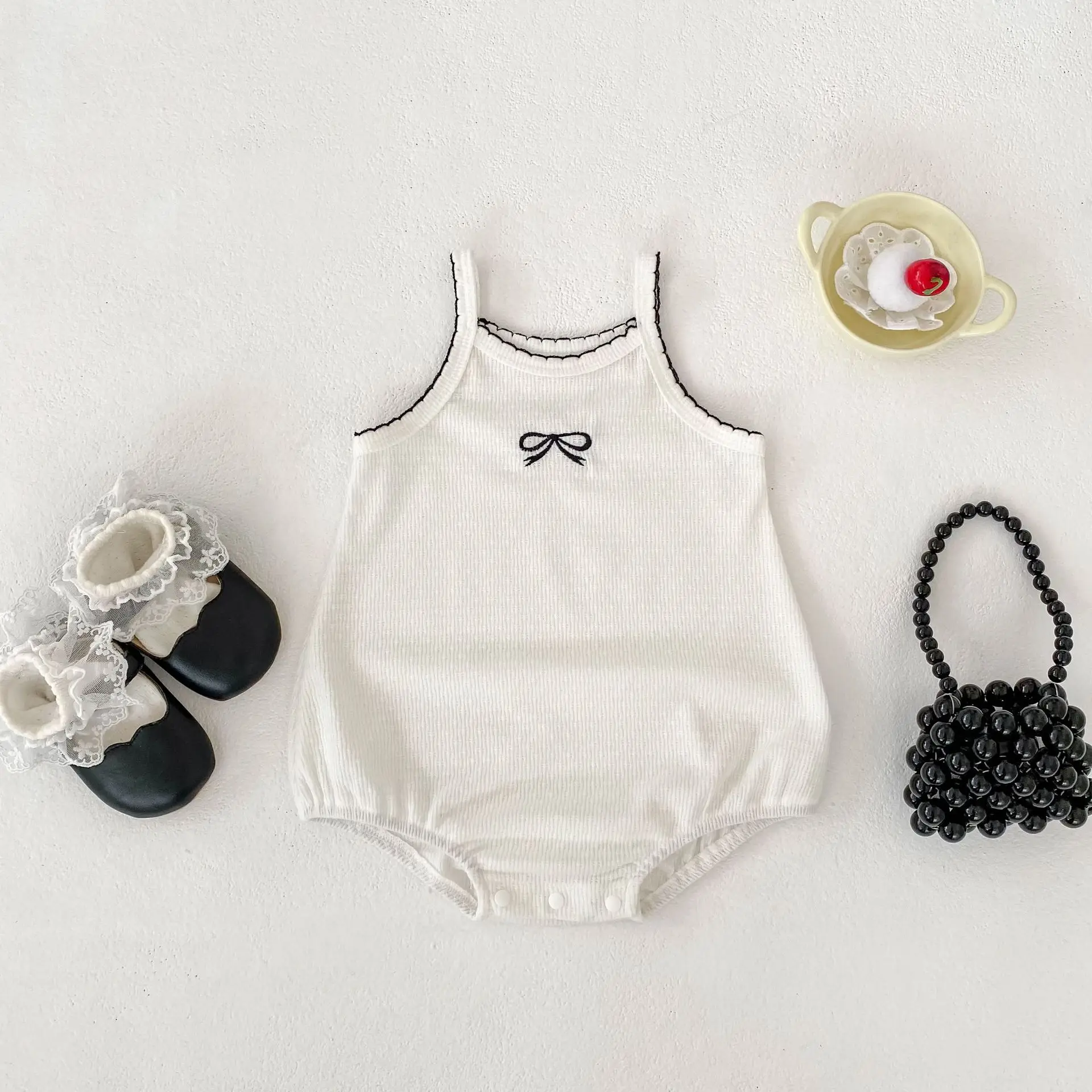 2026 Summer New Baby Girl Sleeveless Sling Bodysuit Girls Simple Bow Jumpsuit Cotton Infant Toddler Breathable Clothes 0-24M