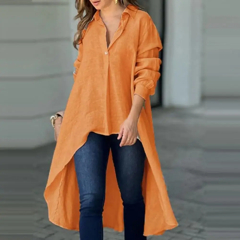 Relaxed Style Women Top Elegant Women's Lapel Button Shirt with Irregular Hem Loose Fit Solid Color Top for Workwear Long Sleeve