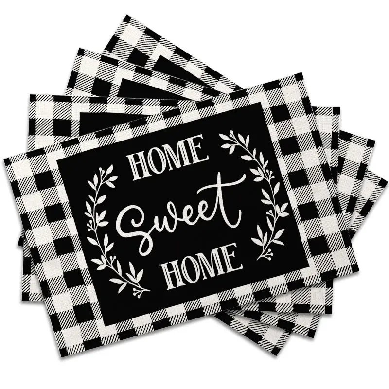 4 Stück, schwarz-weiß karierte Tischsets mit Buchstabenmotiv, die besten Tischsets, waschbar, geeignet für Feiertagspartys, Heimdekoration, Küchenarbeitsplatten, rechteckige Esszimmer, machen Ihr