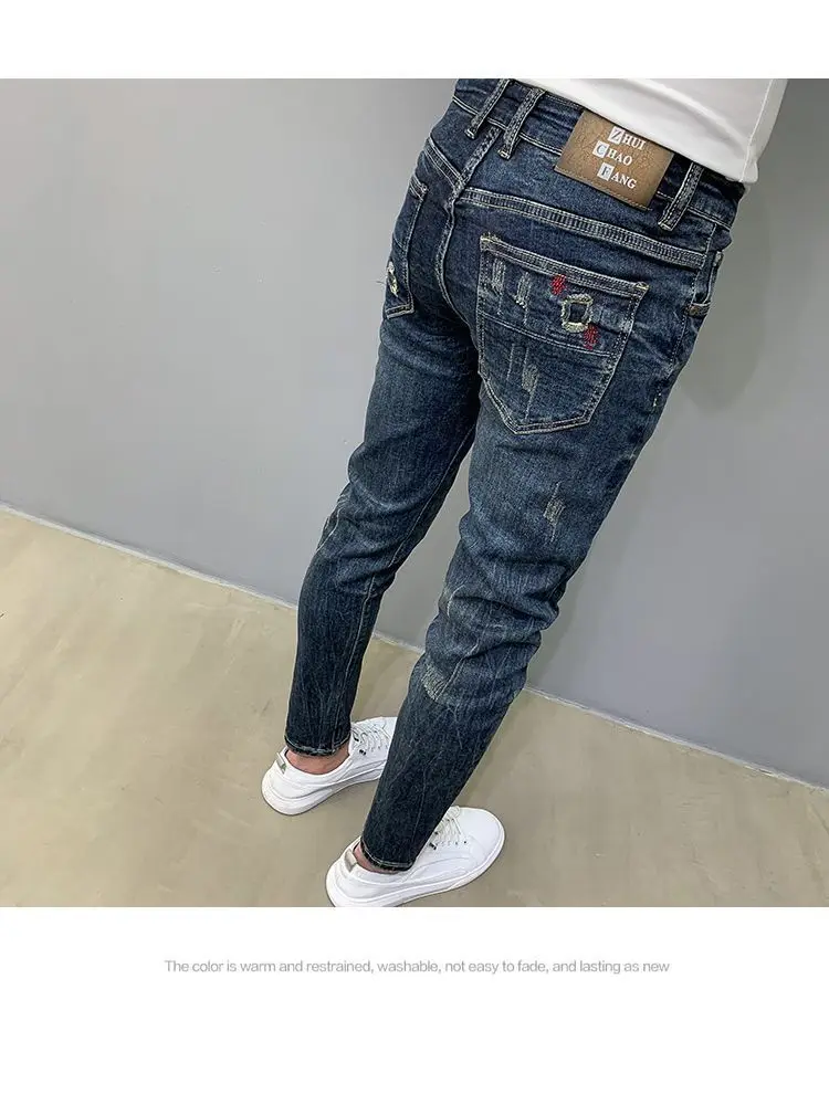 Harajuku Moda Autunno Nuovi Jeans Blu Marchio Alla Moda da Uomo Graffi Cargo Lavoro Coreano Pantaloni Slim Pantaloni Elastici di Lusso