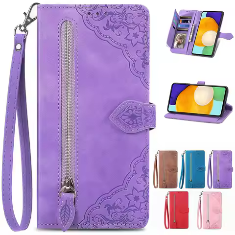 Zipper Flip Wallet Case For Samsung Galaxy Leather S25 Ultra S24 FE S23 S22 S21 Plus A15 A16 A34 A35 A54 A55 A36 A56 A13