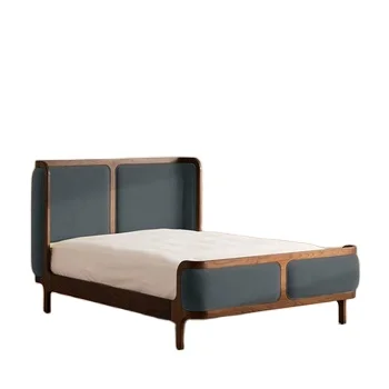 

* Solid Oak Mid-Century Style Bed French Countryside Bedroom Furniture with Velvet Upholstery Wall Bed Design