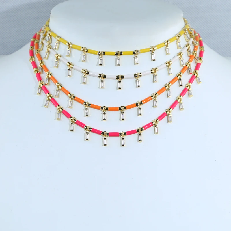 

Geometric White CZ Charm Choker Necklaces 4 Colors Neon Enamel Bamboo Necklace for Women Trendy Fashion Jewelry for Party