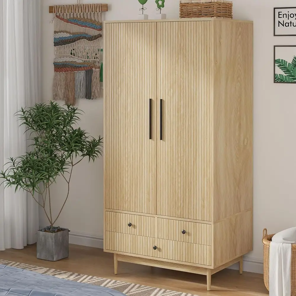 2-Door Wooden Armoire with Hanging Rod & Shelves, 64.96 Natural Clothes Storage Cabinet