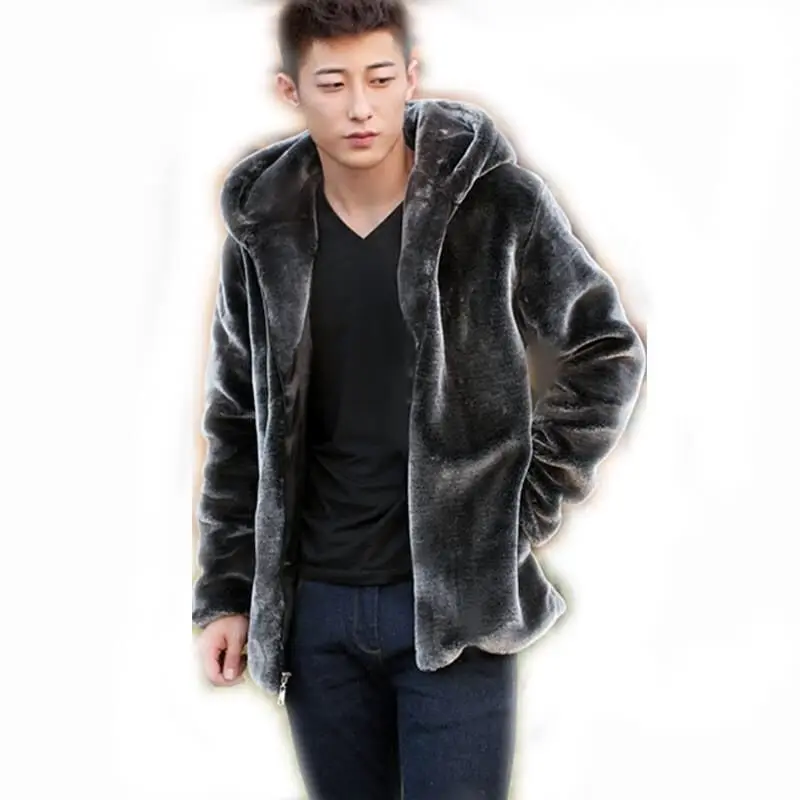 Fashion Winter Mens Faux Fur Mink Fur Coat Short Gray Hooded Coat Warm Overcoat Men Fluffy Plush Coat Male Plus Size Xxxl 4xl