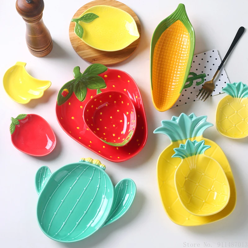 

Ceramic Snack Plate Exquisite Cold Vegetable PlateBowl Cute Cartoon Fruit Shape Strawberry Pineapple Lemon Corn Cactus Tableware