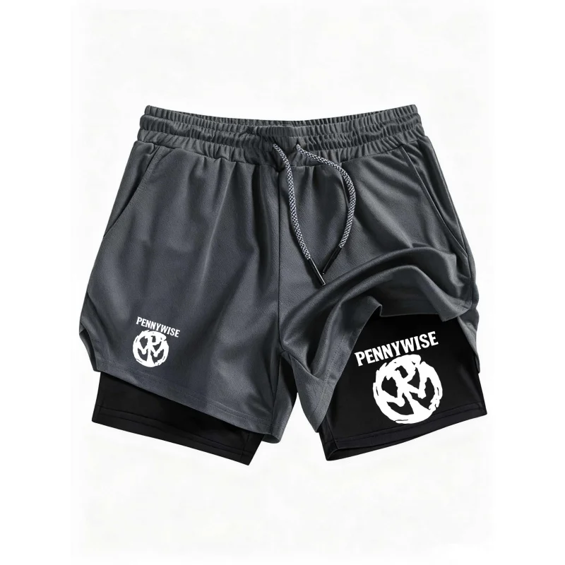 

RENNYWISE Men'S Athletic 2-In-1 Workout Running Shorts With Compression Liner Phone Pocket And Towel Loop Letter Print