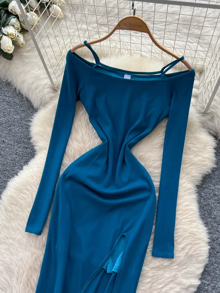 엘리 커뮤트 슬레 롱 스웨 원숄더 드 여성용 슬림핏 홀로우 아웃 슬릿 랩 어라운드 롱 스커트 시 커뮤트