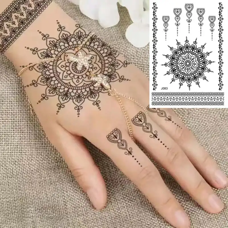 Pegatinas de tatuaje de Henna negra para tatuajes temporales de mano para mujeres mariposa Mehndi flor tatuaje falso Mandala arte corporal