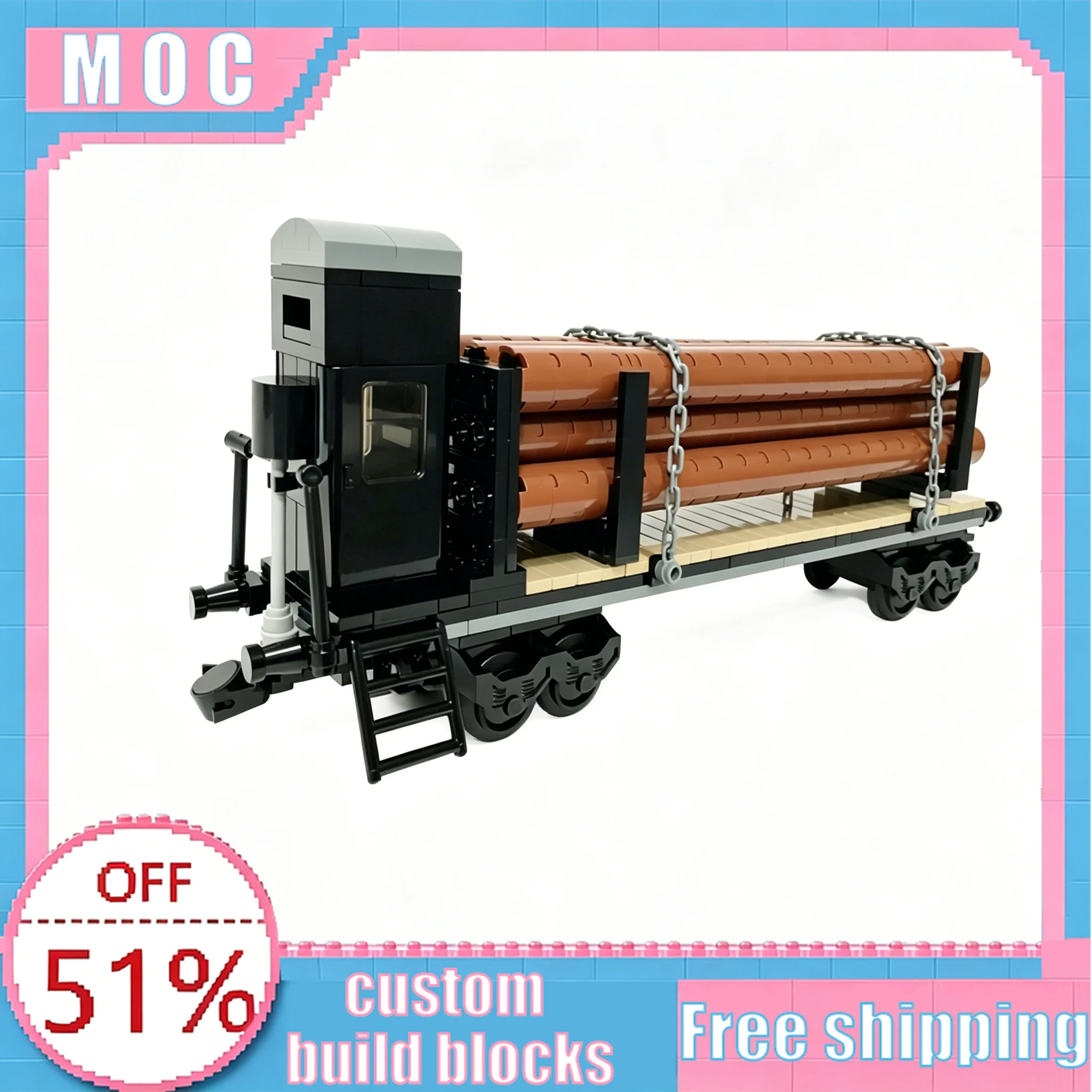 

383 Parts Train Log Cradle Car With Brakeman's Cabin MOC City Railway Building Blocks Model DIY Assembly Educational Toy Gifts