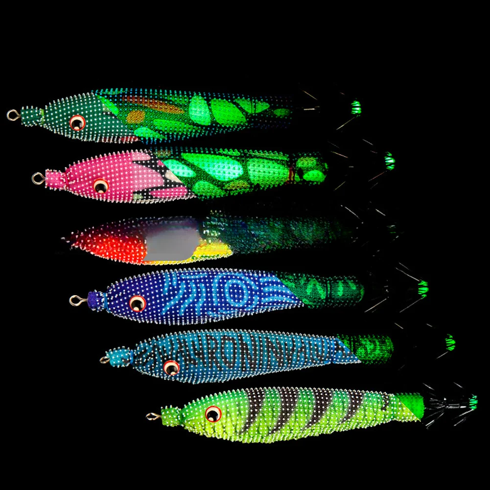 Noctilucent Squid Bait Jig Hook With Luminous Particles Horizontal Wooden Shrimp Design For Night Fishing Deep Water