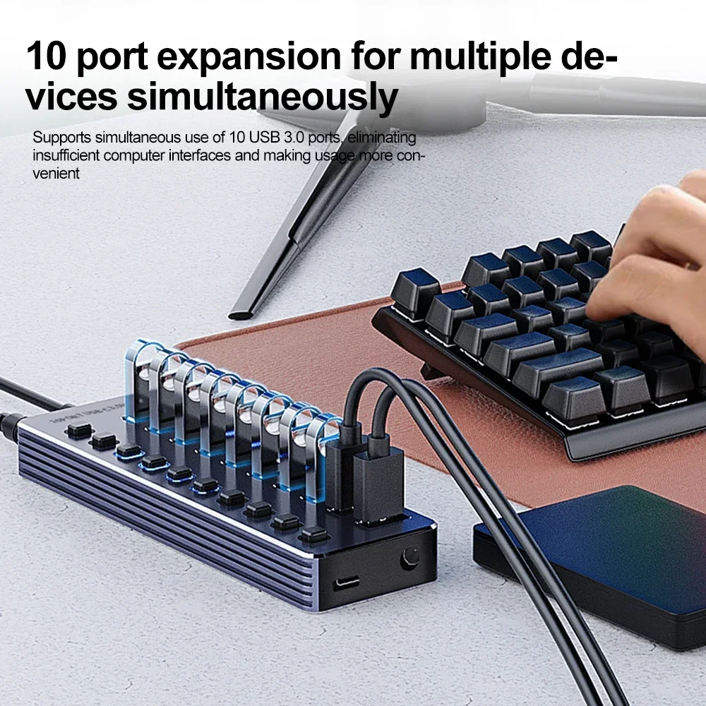 Hub USB 10/7 portów USB 3.0 5Gbps Aluminiowy Rozdzielacz Wielofunkcyjny Dock z Przełącznikami Włączania/Wyłączania Zasilacz 12V do Komputera PC Laptopa — zdjęcie produktu 3