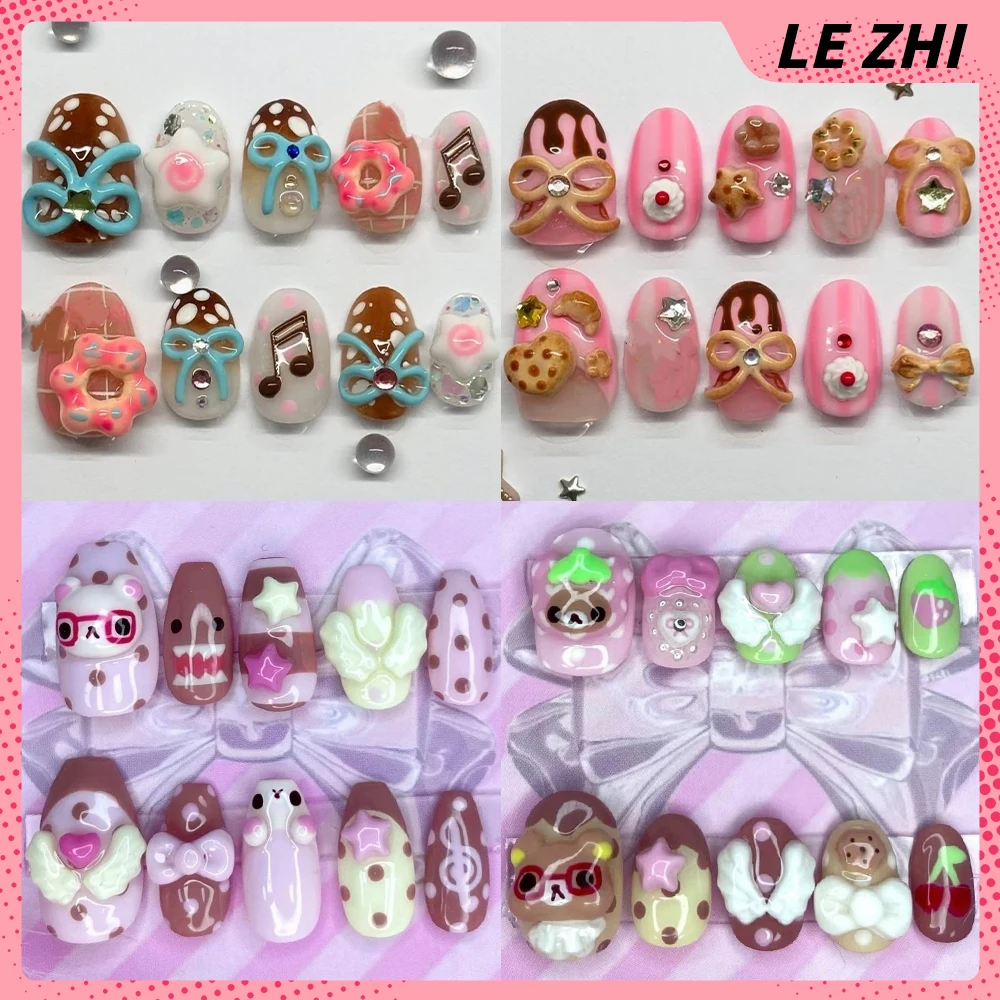 

10Pcs Handmade Kawaii Anime Rilakkuma Wearable Nail Party Sticker 3D Hello Kitty Biscuit Bowknot Wings Polka Point Press On Nail