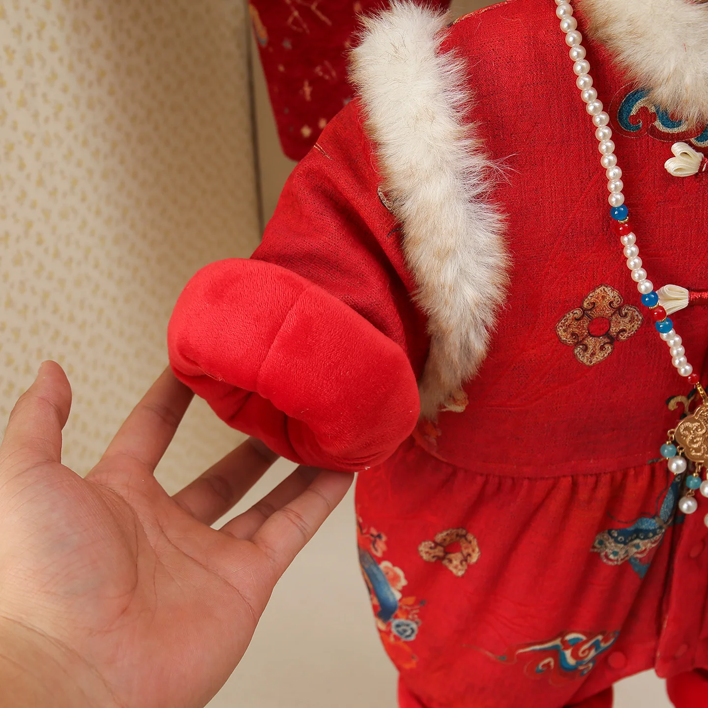 ชุดฉลองปีใหม่สำหรับเด็กทารกหญิง แขนยาว ผ้าโพลีเอสเตอร์ อุ่นสบาย สำหรับฤดูหนาว รุ่น Baby Winter Rer Fce Lined  สำหรับงานวันเกิด