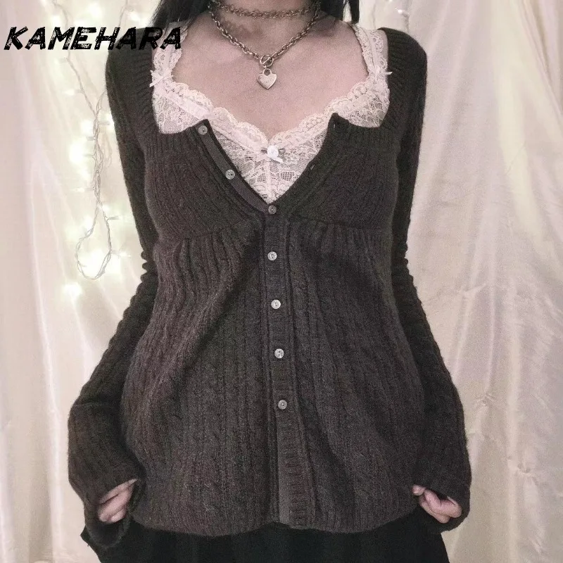 

KAMEHARA 2000-е годы винтажные вязаные топы Babydoll с длинными рукавами коттедж пуловеры для молочной ручки эстетический гранж Y2k трикотажные футболки женские