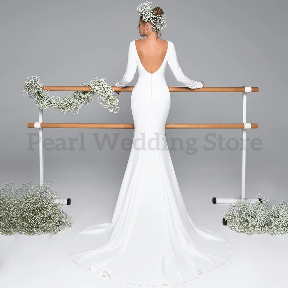 Einfache Sexy Löffel Neck Backless Braut Langen Ärmeln Meerjungfrau Hochzeit Kleid Elegante Braut Kleider Taste Dekoration فستان الزفاف