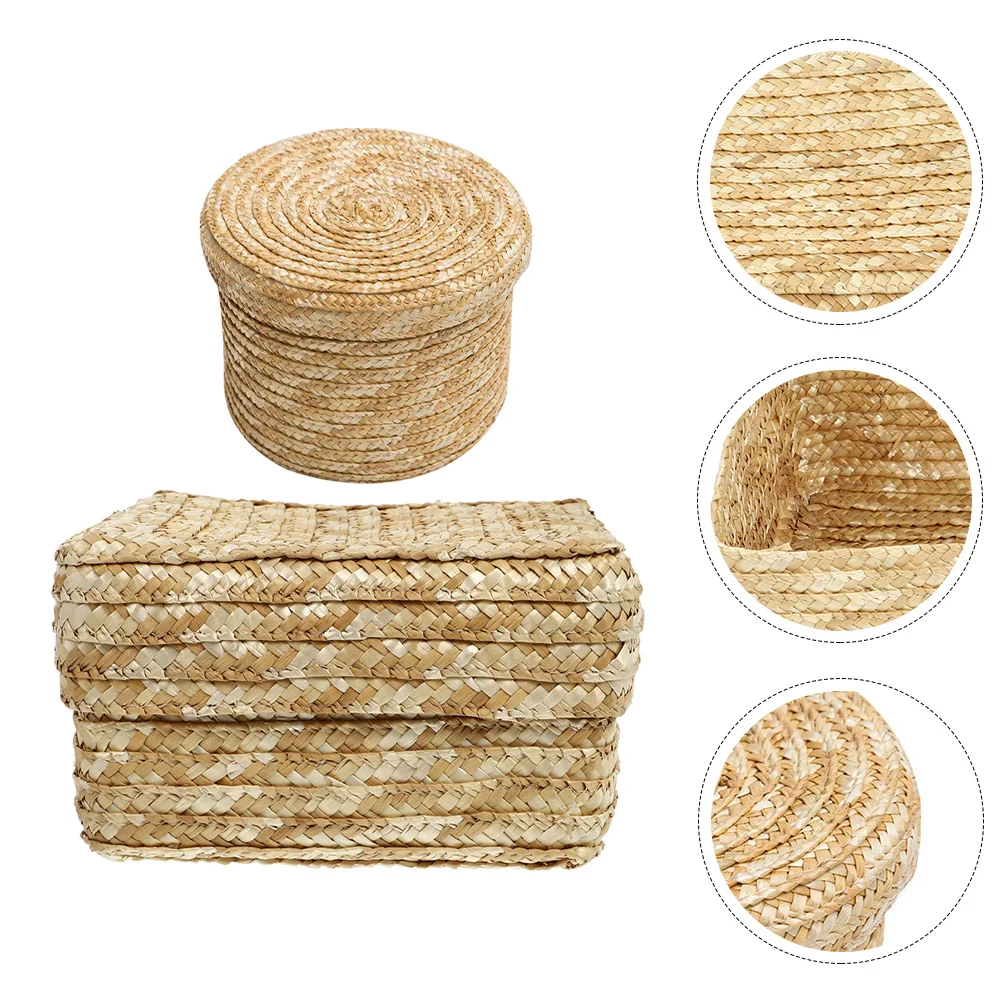 

2pcs Storage Basket Gift Box Woven Straw Multifunctional Organizer For Cosmetics Clothes Home Desktop Household Sundry Holder
