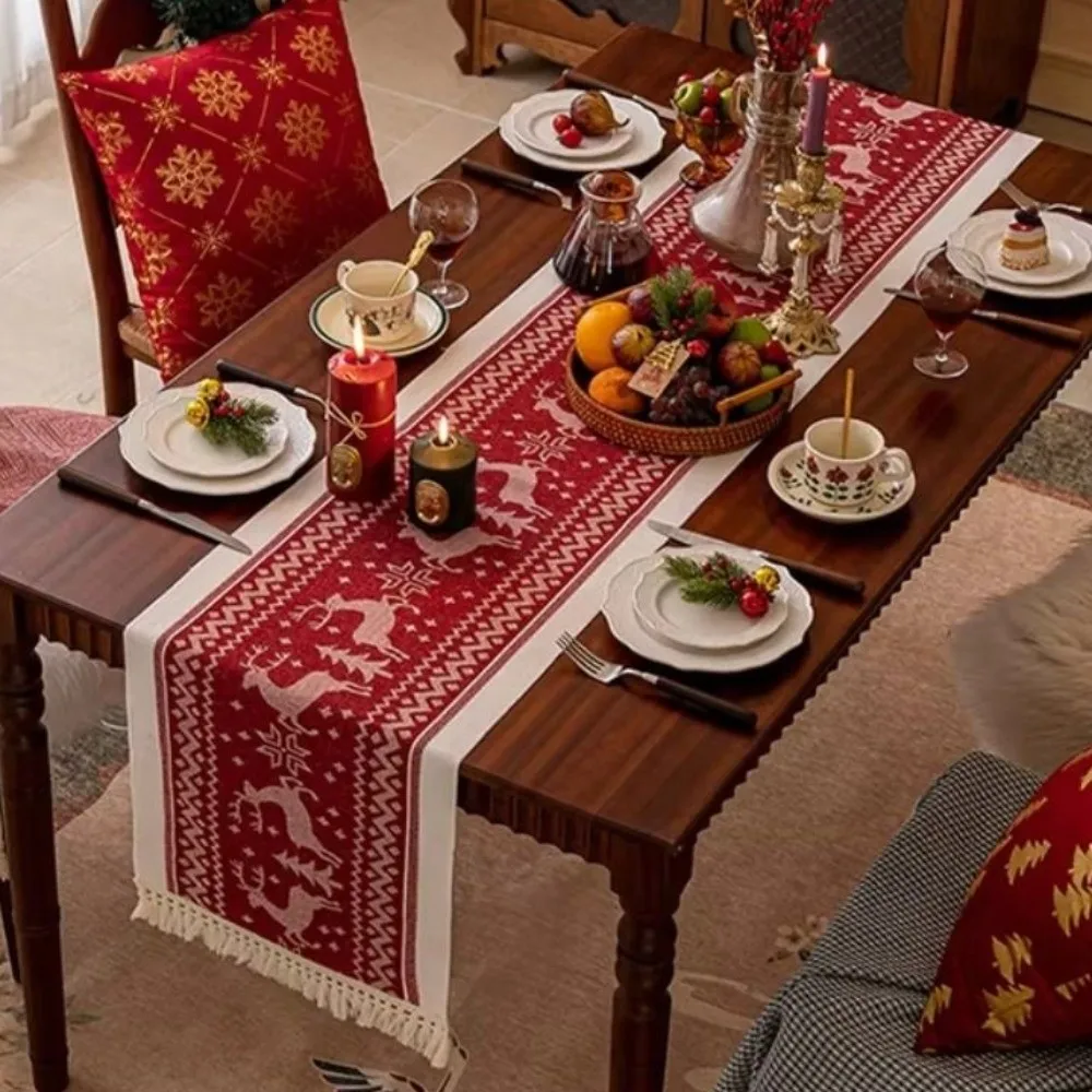 

Household Rectangle Christmas Table Runner Thickened Red Elks Tablecloth with Tassels Long Xmas Desktop Decoration Living Room
