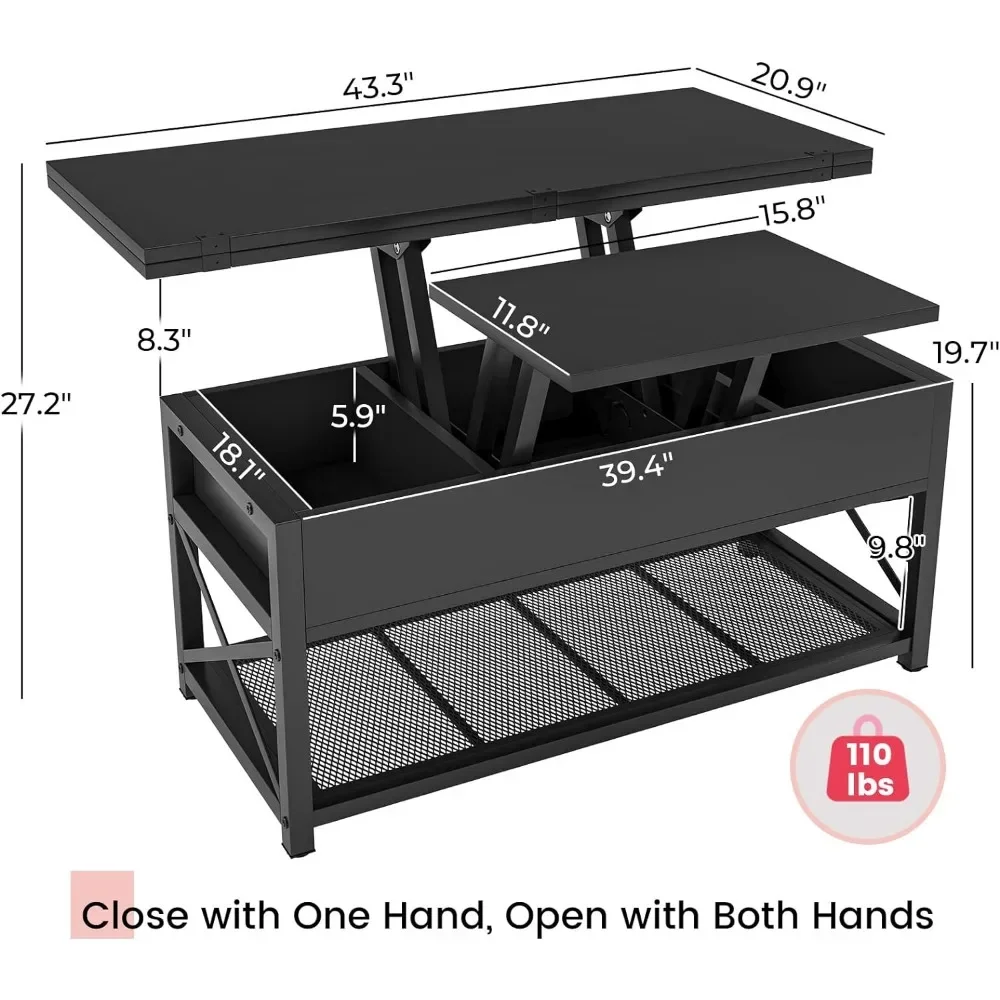 Lift Top Coffee Table, 3 in 1 Multi-Function Tables with Storage for Living Room, 43\