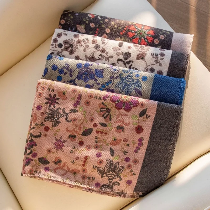 Imitation Cashmere Scarf Protective Printed Neck Warmer for Women Couple Sweet Style Autumn Winter Shawl