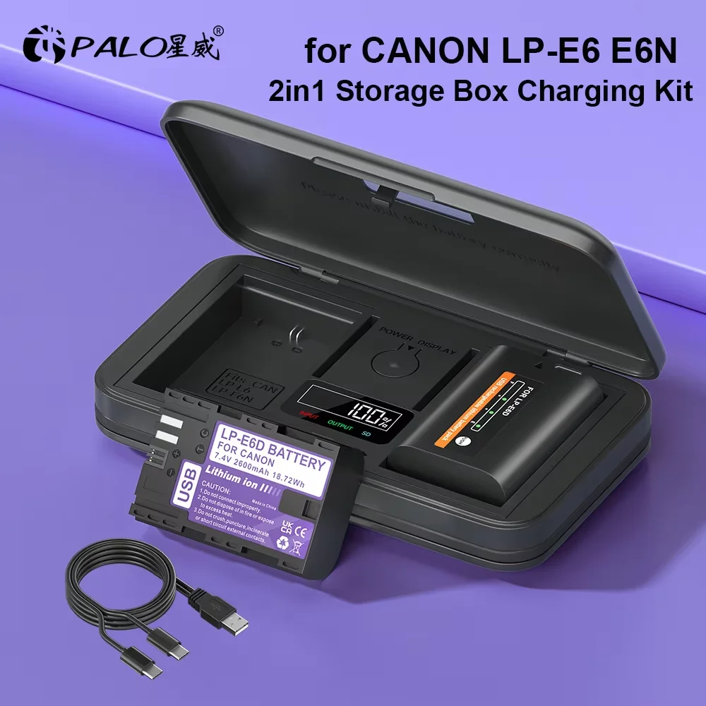 LP-E6 LPE6 LP-E6N lp e6 Type C Battery+LCD Storage Box Charger for Canon EOS R5 R6 90D 60D 70D 80D 5D II III 5D IV 7D Mark II