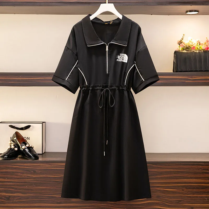 

150Kg Plus Size Women's Bust 153cm Summer Loose Temperament Dress Short Sleeve A-Line Waist Dress Black 5XL 6XL 7XL 8XL 9XL