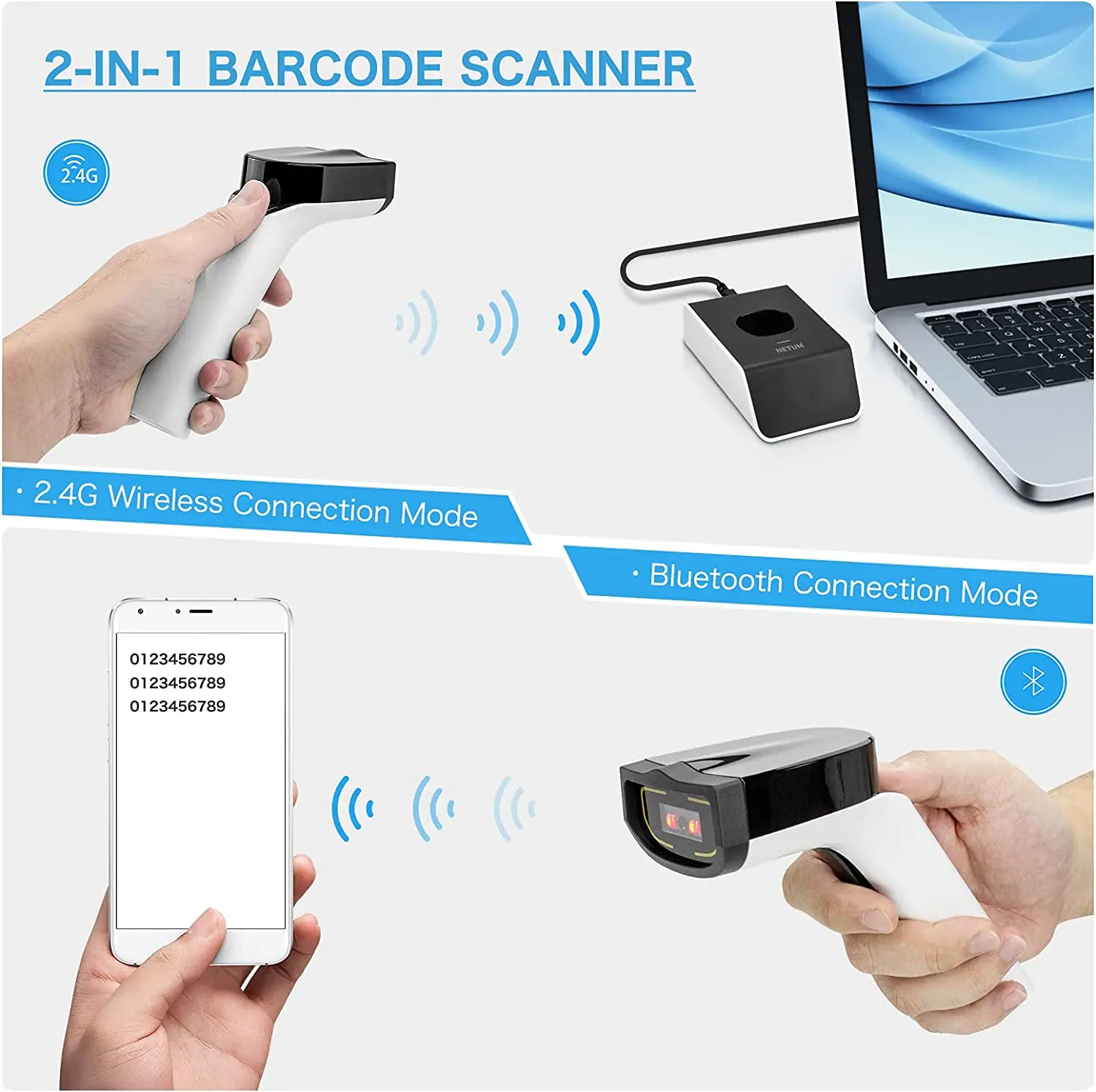 NETUM DS500 Handheld Wirelress CCD Barcode Scanner AND DS5000 Bluetooth 1D Bar Code Reader with Charging Dock for IOS Android