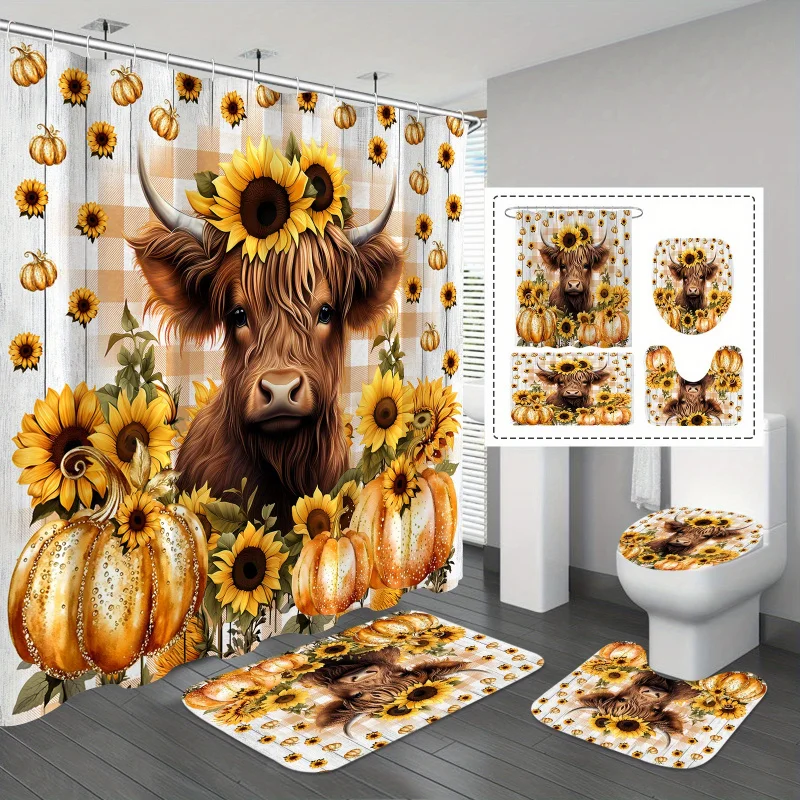 Thanksgiving 4pcs Highland Cow Fall Sunflowers and Pumpkins Shower Curtain Set, Farmhouse Art Bathroom Sets with Shower Curtai
