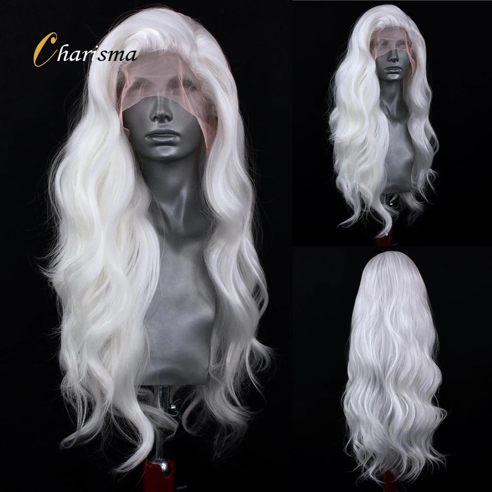 Charisma White Hair Long Body Wave Lace Front Wig Pre Plucked Synthetic Lace Frontal Wigs For Women Pink Blue Red Wig Daily Use