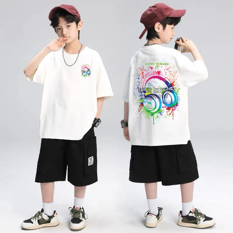 Music Lover Pattern Design Children's Tops Summer Boys Girls Short Sleeve T-shirts 100%Cotton Korean Kids Clothes 7-13Y 4-6Y