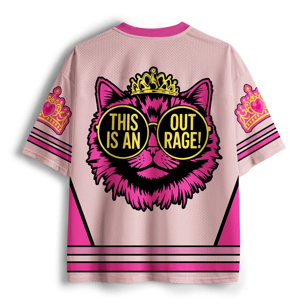 This Is An Outrage Crown Cat Mesh Jersey T-Shirt, Pink Kitty Donut Print V Neck Short Sleeve Bookish Sports Tee