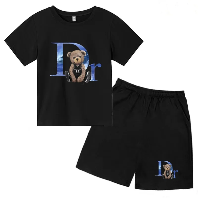 

Kids Summer New Hot T-shirt Black Top 3-12Years Boys Girl Brand Breathable Short-sleeved+Shorts 2P Casual Coat Sport Jogging Set