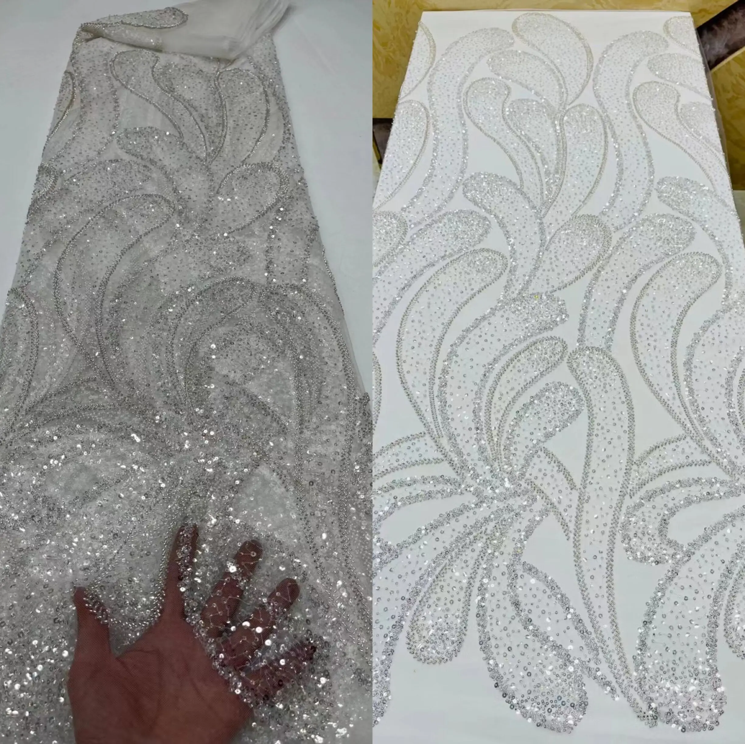 

Wedding Lace Fabric SYJ-1218868 High Quality embroidery French tulle lace Nigeria lace fabric With Sequins And Beads For Dress