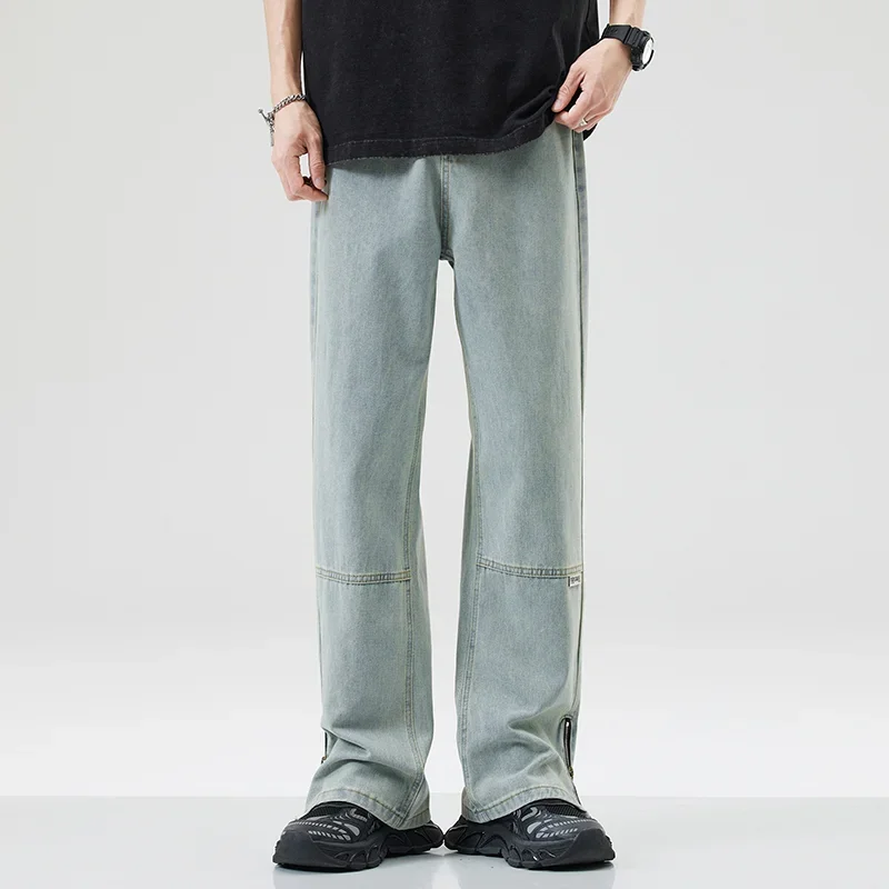 

Autumn and Winter New American Retro Zipper Jeans Men's High Street Fashion Korean Style Casual Straight Loose Denim Trousers