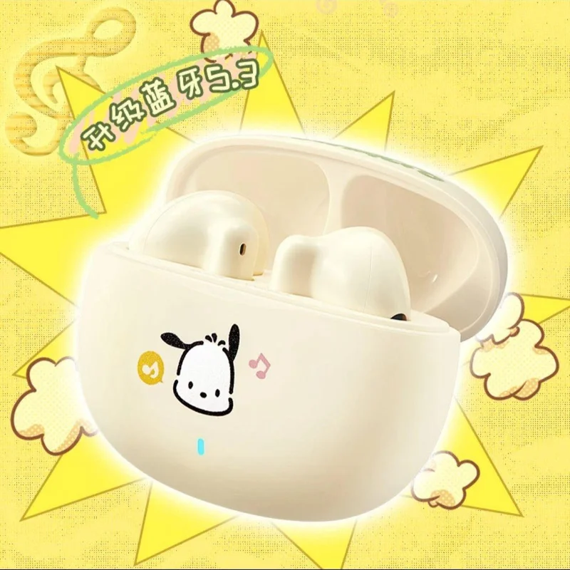 Kawaii Sanrio 5.3 zestaw słuchawkowy Bluetooth Anime Cartoon Pochacco pół-w typ ucha słuchawki z pluszowymi torbami urocze prezenty urodzinowe dla dziewczynek