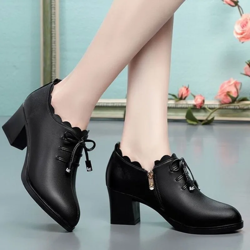 Shoe for Women 2023 Autumn/Winter High Heels Shoe Women New Thick Heel Pointed Leather Shoe Bowknot Fashion Single Shoe Zapatos