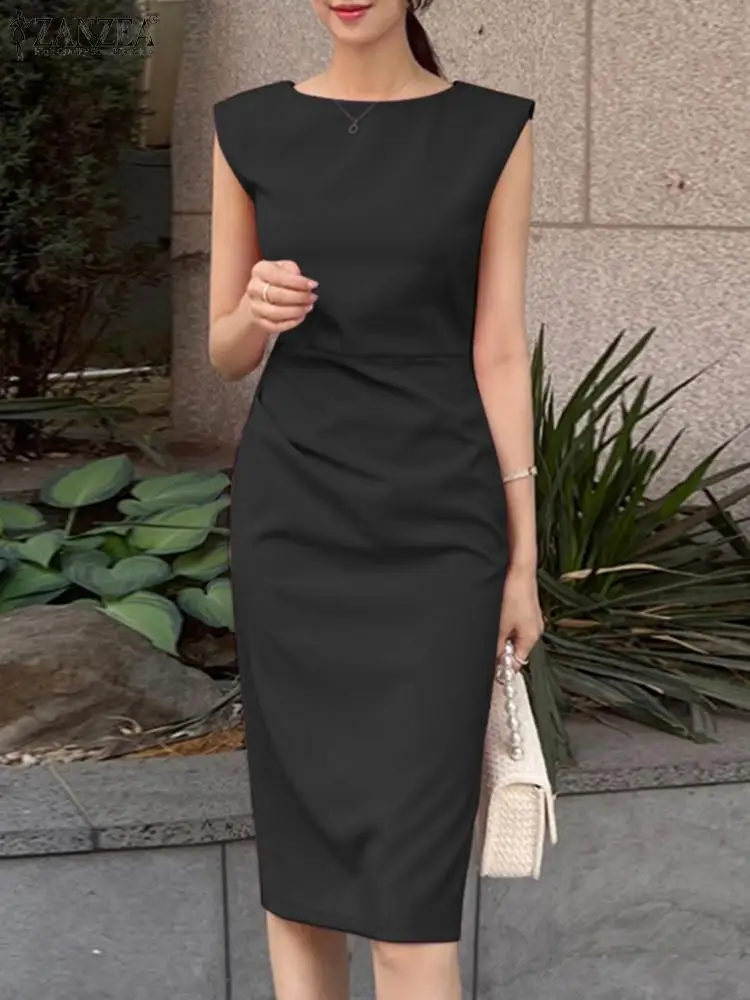 2024 ZANZEA Elegant Women Sleeveless Solid Bodycon Sundress Casual Korean Party Vestido Fashion Summer OL Work Knee-length Dress