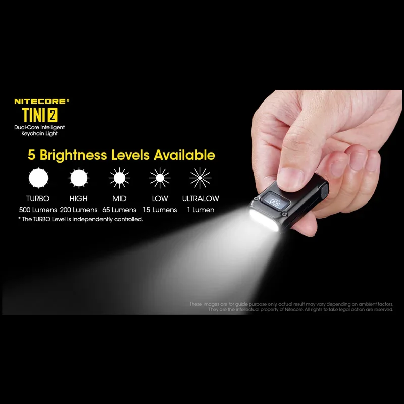 NITECORE Tini2 Keychain Light 500Lumens USB Rechargeable 5 Lighting Modes OLED Display Mini Led Flashlight